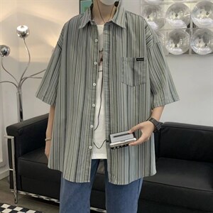 2022春秋季潮牌宽松衬衣日系复古条纹短袖衬衫男外套 W3044-P30图片