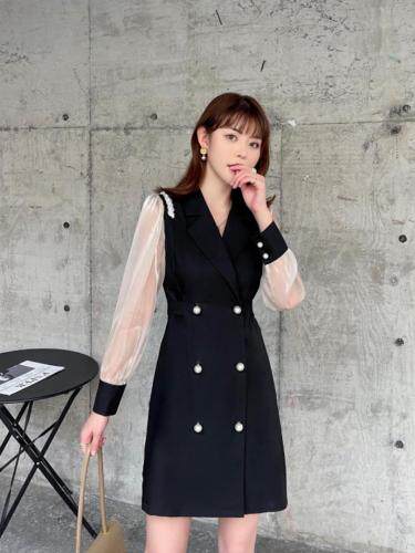 【秋季新款】淑女拼色连衣裙珍珠扣，女装连衣裙，笑思源
