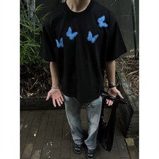 暗黑系蝴蝶印花短款短袖小众OS宽松欧美boxy纯棉T恤TXT459，男装T恤，星座516A