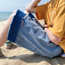 港风男女海边贴标新款轻薄五分裤撕边拼接牛仔裤A042-D815-P45，男装牛仔裤，电商A042
