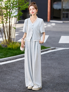 小香风通勤套装女装2025夏季高级感穿搭减龄显瘦阔腿裤休闲两件套图片