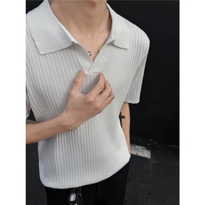 老钱风夏季条纹短袖polo衫男韩版修身翻领纯色休闲薄款T恤 P38图片