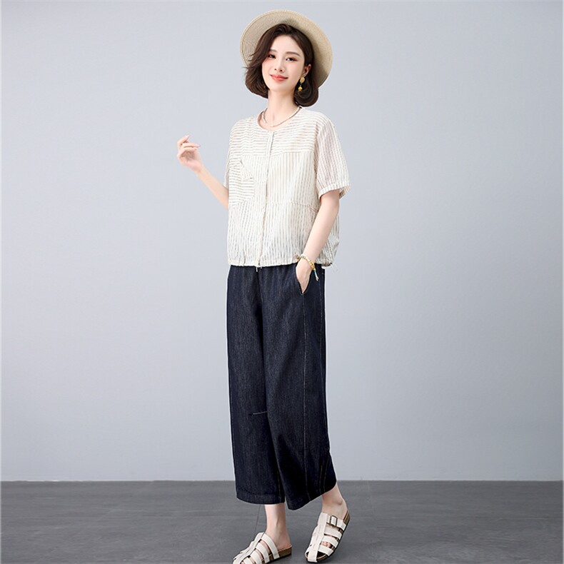 叶笙衣套装2568-130宽松印花开衬花边牛仔裤套装,女装套装/套裙,叶笙衣