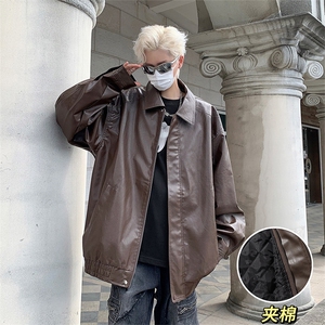 F74-P78 春秋潮牌ins宽松宽松皮衣夹克美式vintage夹棉皮外套男图片