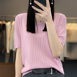 夏季曲珠冰丝短袖女V领薄款针织衫T恤宽松显瘦上衣半袖图片