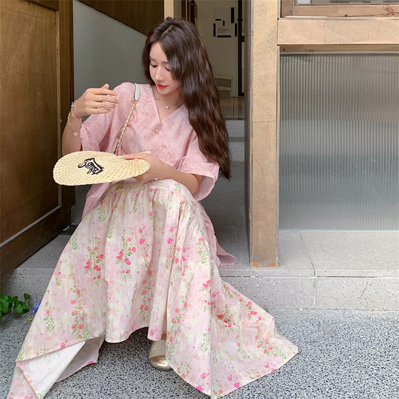 新中式国风粉色衬衫碎花半身裙套装女夏季甜美显瘦今年流行两件套,女装套装/套裙,2C332