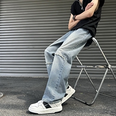 美式设计感双色休闲牛仔裤男款春夏季高街宽松直筒长裤D995/p58，男装牛仔裤，电商B381-2