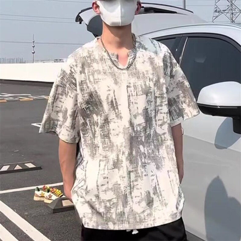 2025新款夏季美式不规则扎染v领上衣潮牌轻奢时尚百搭短袖t恤男士,男装T恤,四季星座505