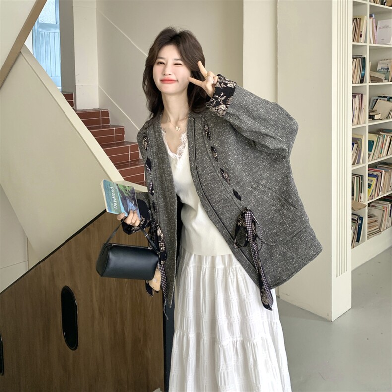 26春装新款松弛感灰色飘带外套9013P175K288,女装短外套,2C236