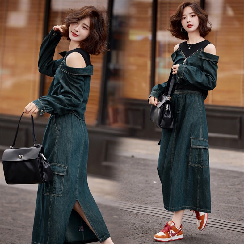 显瘦遮肉牛仔套装减龄开春穿搭一整套女装2025新款露肩两件套裙装，女装套装/套裙，意芙