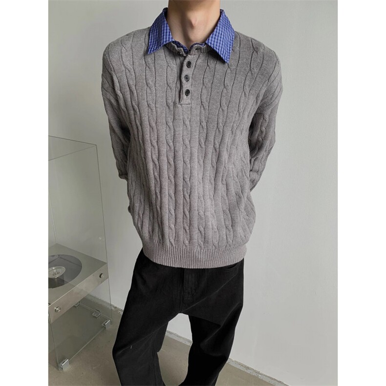 706-1-MY1484-P68特P秋季老钱风假两件V领毛衣男慵懒polo外套,男装针织衫/毛衣,星座706-1