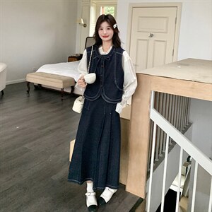 春现 明线复古日系牛仔马甲连衣裙套装B190-506-P185-K258图片