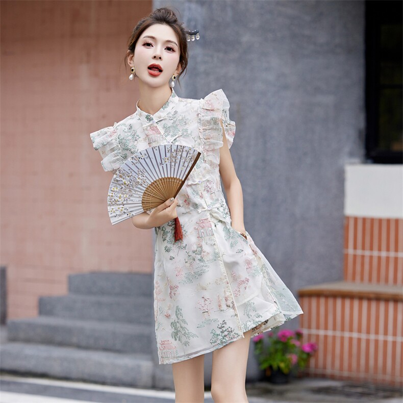 新中式国风改良旗袍套装女2024夏季新款小个子盘扣刺绣短裤两件套,女装套装/套裙,然然