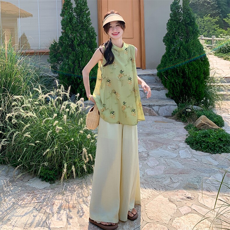 新中式国风碎花绿色阔腿裤套装女夏2025新款绝美显瘦高级感两件套,女装套装/套裙,2C122