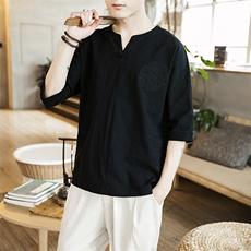 T19特P35咖啡厅2024春夏装新款亚麻盘扣风潮流时尚七分袖T恤，男装T恤，电商A026