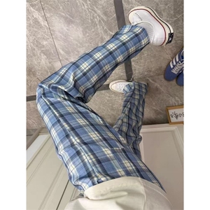 春季蓝色格子裤男女新款情侣直筒裤百搭刺绣休闲裤潮牌LN044-p50图片