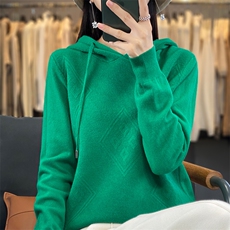 连帽针织羊毛衫女士宽松纯色亲肤毛衣2025秋冬新款套头卫衣打底衫，女装针织衫/毛衣，大美人包芯纱店