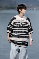 8XL-M特大码美式复古条纹撞色针织POLO衫翻领休闲短袖TDX311P35，男装T恤，电商D206-1
