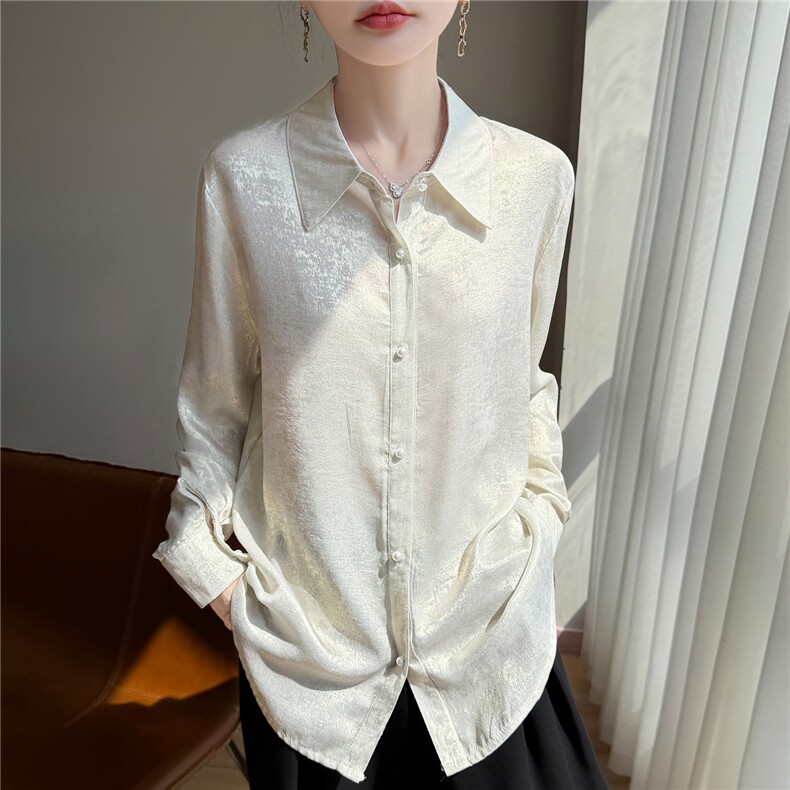 珠光丝亮面衬衣2026年夏季，女装衬衫，圣丽羊绒