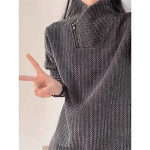网图 美式宽松斜拉链雪尼尔春季长袖T恤W0039特P26图片