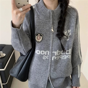 棒球服翻领拉链毛衣开衫男女外套秋装新款韩版宽松针织衫图片