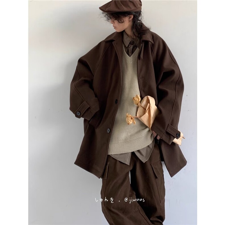 复古简约毛呢大衣秋冬日系潮牌宽松美拉德中长款外套男F038-P75，男装毛呢大衣，星座308B-2