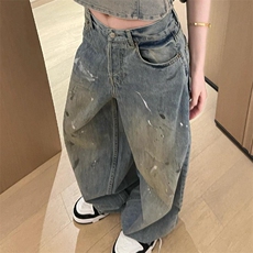 美式高街设计感泼漆涂鸦阔腿牛仔裤男女夏季复古做旧废土风拖地裤，男装牛仔裤，星座1210-1