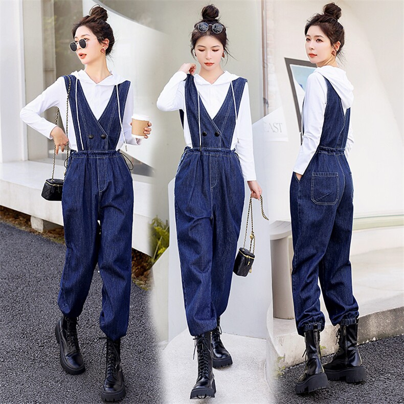 时尚显瘦牛仔背带连体裤女宽松高腰减龄休闲长裤百搭学生工装裤，女装连体裤，秋水欣儿