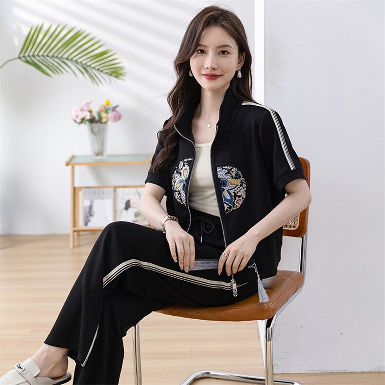 休闲运动套装女2024新款时尚绣花复古中式国风洋气显瘦开衫两件套,女装套装/套裙,凯瑟曼