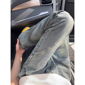 复古牛仔裤男秋冬美式水洗做旧直筒弯刀裤cleanfit宽松显瘦微喇裤图片