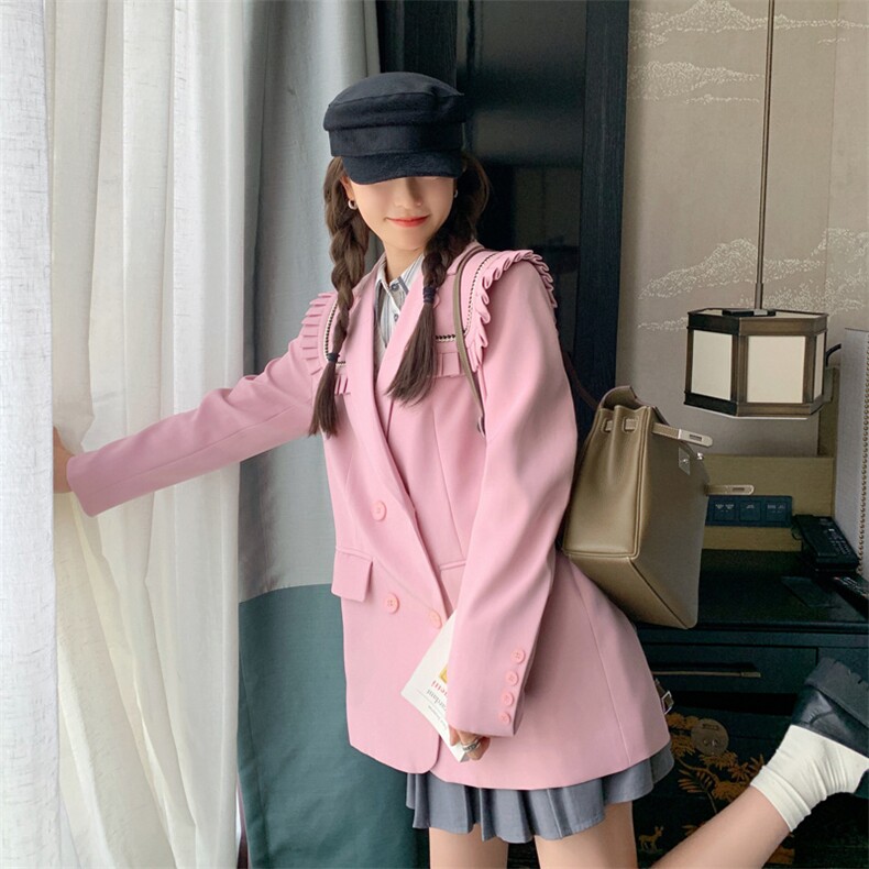 现货26新款秋装粉红色可脱卸木耳边小香风西装女182-8508P135K188,女装西装,帛香坊