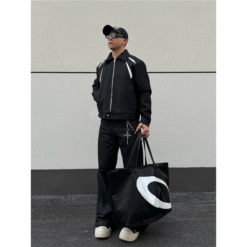 黑男美式复古撞色拼接正肩短款外套设计感简约cleanfit翻领夹克男,男装夹克,星座506A