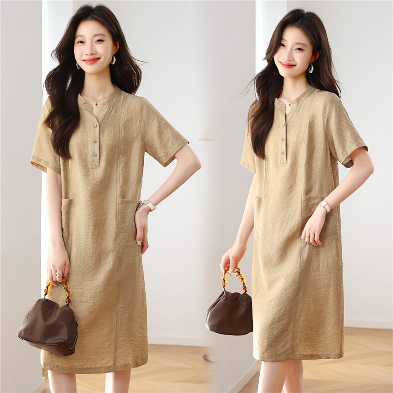 现货2025夏季气质休闲天丝亚麻文艺优雅连衣裙，女装连衣裙，依恋蒂丝