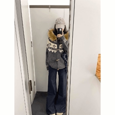 重磅北极绒座山雕大毛毛领毛衣外套冬美式复古休闲慵懒风针织开衫，男装针织衫/毛衣，电商A486-1