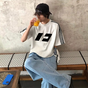 抖音得物高品质二开240克宽松纯棉美式潮牌三条杠织带短袖T恤图片