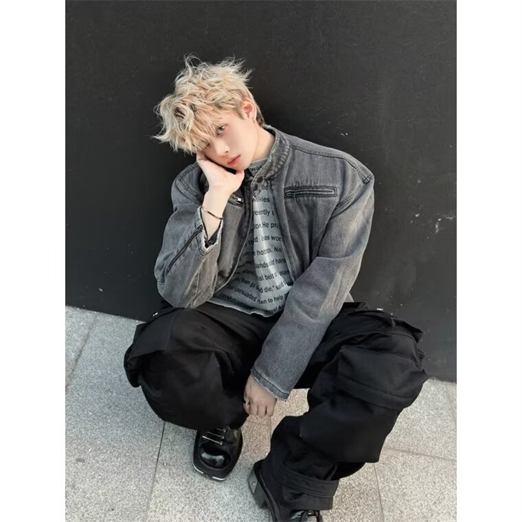 废土风水洗做旧烟灰解构牛仔外套男宽松痞帅夹克网图JN1233-P78,男装工装外套,星座302B
