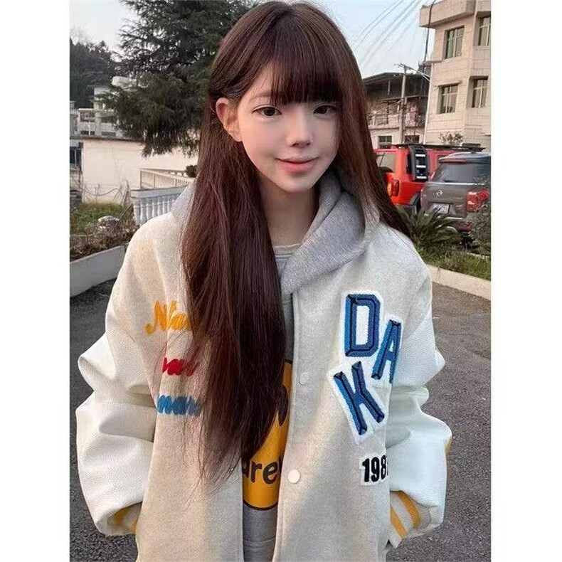 日系慵懒时尚原宿百搭简约气质流行ins新款潮流毛呢毛巾刺绣夹克图片