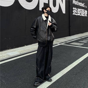 美式复古加绒保暖羊羔绒PU皮衣外套男宽松版加厚棉衣机车棉服p128图片