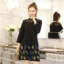 拉链拼接绣花九分袖件中长款2021年春季圆领连衣裙宽松休闲时尚，女装连衣裙，安之芮娜