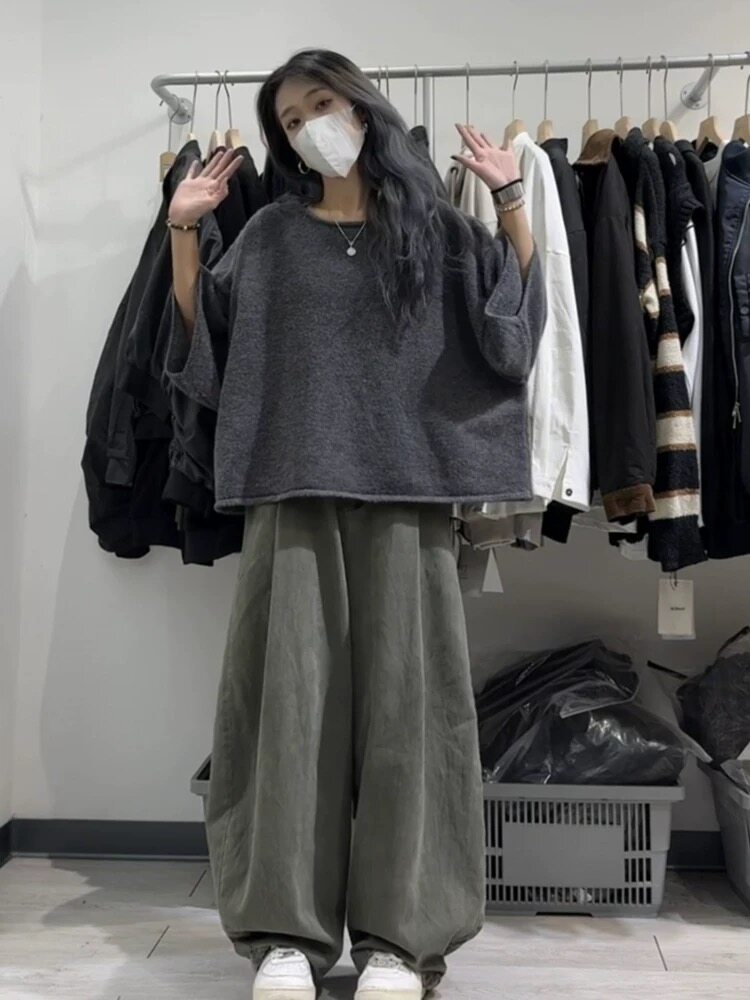 2025年秋季套头灰色卷边圆领，女装针织衫/毛衣，织己羊绒