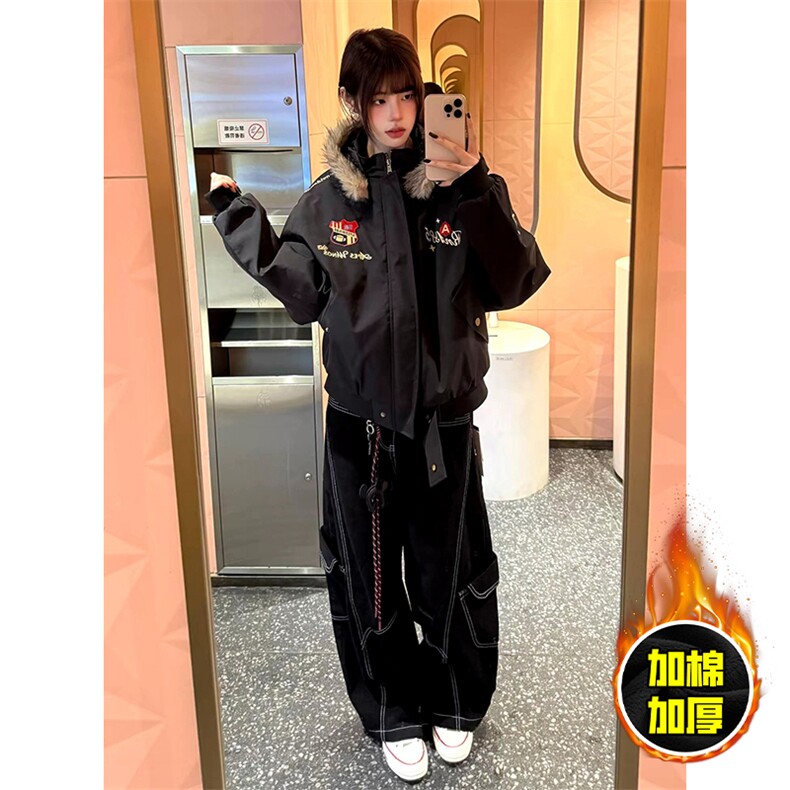 现货高品质美式高街重磅刺绣座山雕大毛毛领棉衣男女加厚棉服外套，男装棉衣，电商A486-1