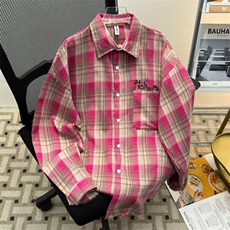 美式嘻哈花藤刺绣衬衣潮牌宽松复古格子长袖衬衫男外套，男装衬衫，星座1013