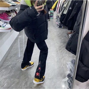 美式高街vibe裤子拉链黑色修身牛仔裤男款设计感直筒弯刀微喇裤图片