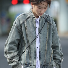 JK8632-P64美式潮牌设计感毛边短款牛仔外套，男装工装外套，电商B323A