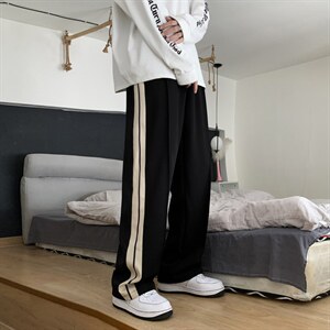 条纹运动裤男宽松高街直筒百搭阔腿裤bf潮牌痞帅休闲裤子ZK55-P32，女装休闲裤，星座1008-2