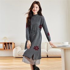 蕾丝针织连衣裙女秋冬2025新款配大衣中长款内搭妈妈毛衣打底裙，女装羊毛衫，艾米