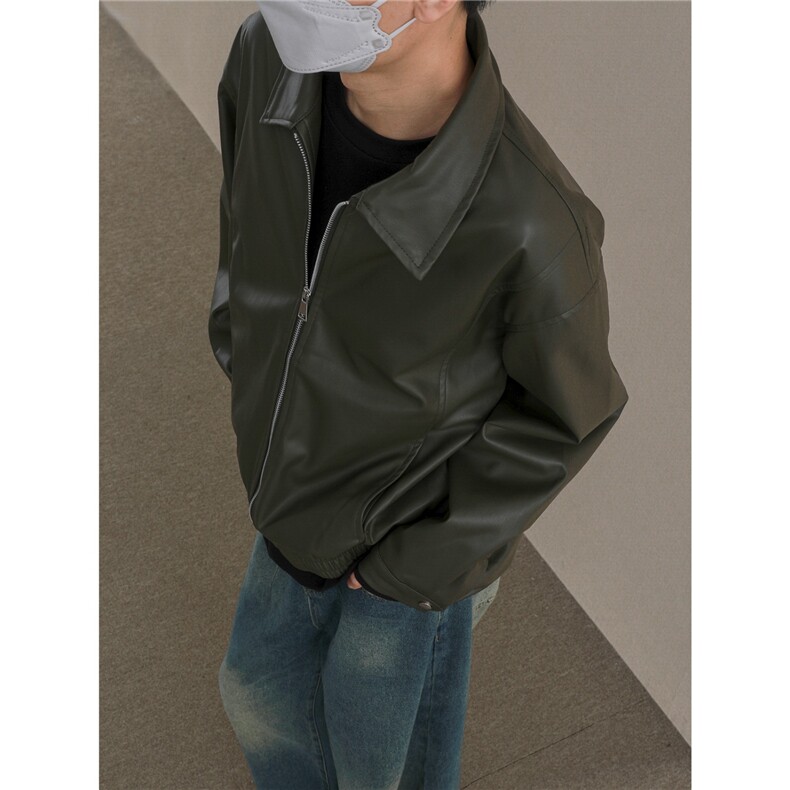 W639-P66痞帅Pu皮衣小众设计感潮牌双拉链垫肩皮夹克男机车服，男装皮衣，电商B323A