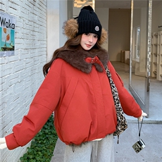 红色双面穿娃娃领派克棉服女冬超火好看高级小众加绒加厚工装外套，女装派克服，2B082