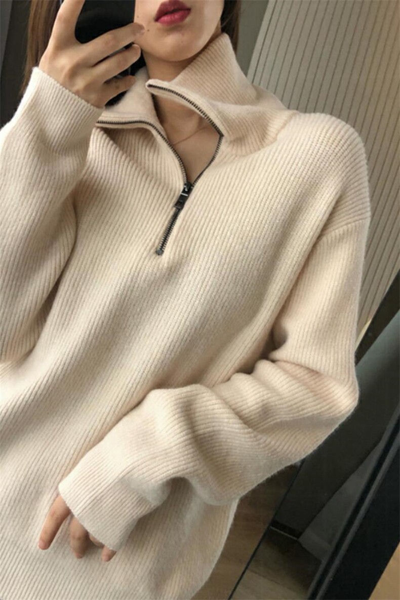 翻领拉链毛衣女慵懒风气质百搭款休闲显瘦针织衫，女装羊毛衫，恩泰羊绒