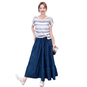 现货:夏装新款韩系条纹上衣 牛仔半身裙两件套2C135-8865P145K218图片